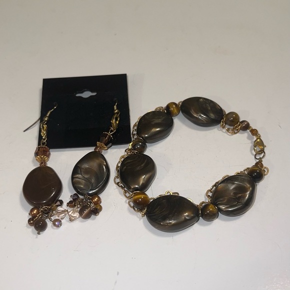 Chic Brown Oval Stone Bracelet and Dangle Earrings Set Gold Tone - Picture 1 of 2